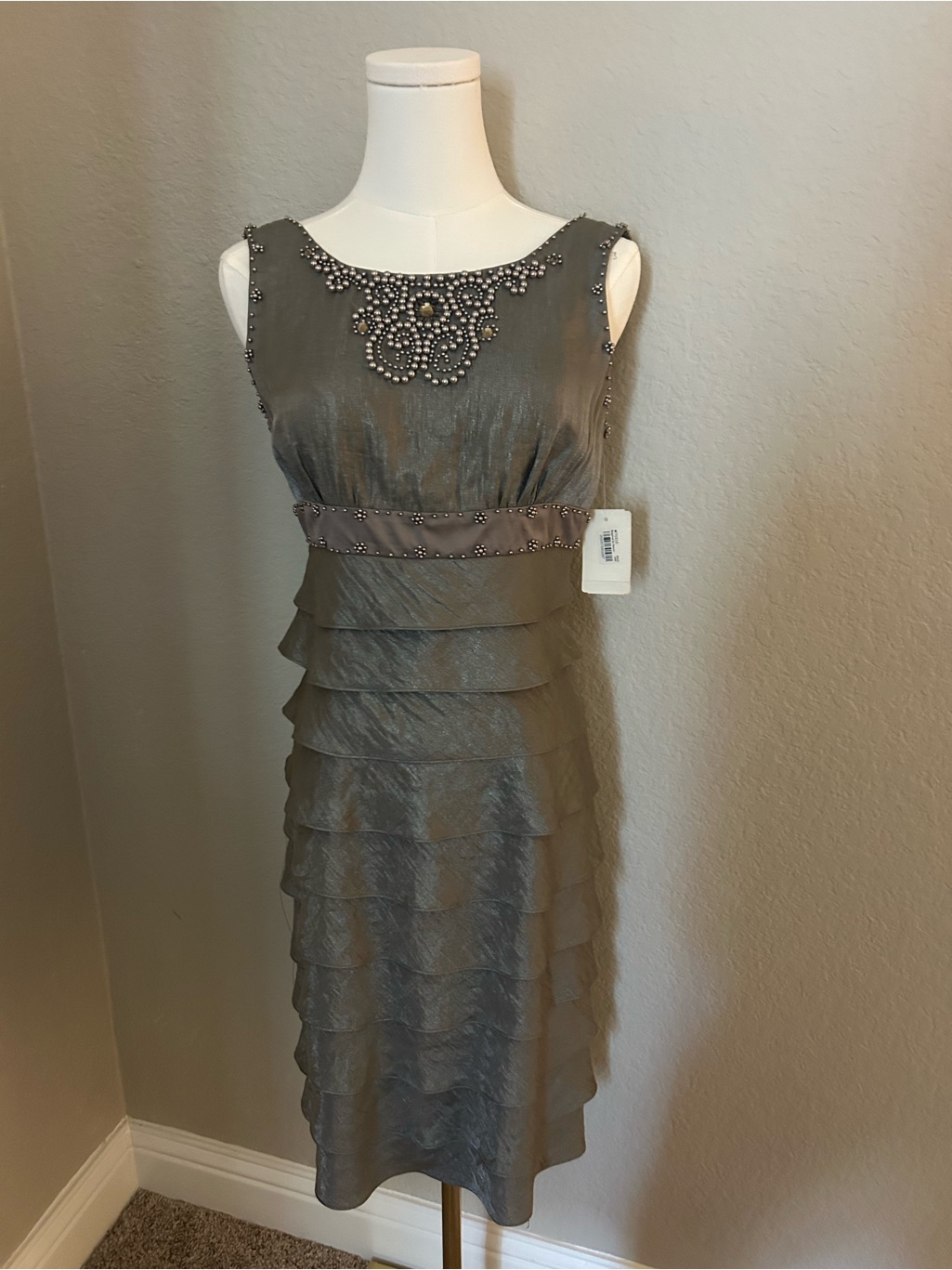 Adrianna Papell Gray Beaded Tiered Midi Dress